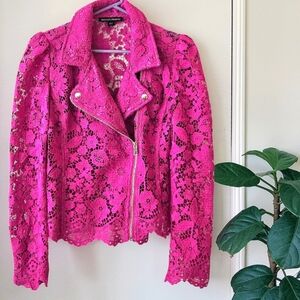 Boston Proper Hot Pink Lace Jacket Off-center Gold Zip Sheer Wedding Event Sz S